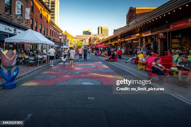 food stalls along a pedestrian street in ottawa in canada - ottawa people stock pictures, royalty-free photos & images