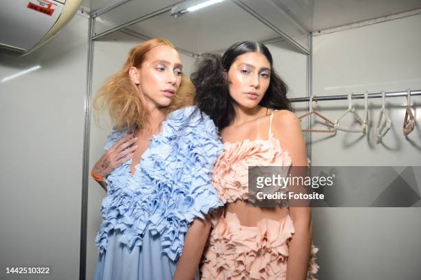 Model backstage during the Renata Buzzo fashion show show as part of the Sao Paulo Fashion Week N54 on November 16, 2022 in Sao Paulo, Brazil.