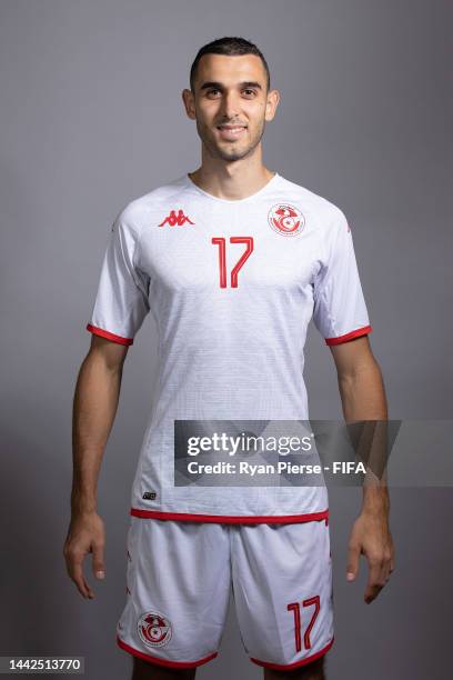 Ellyes Skhiri of Tunisia poses during the official FIFA World Cup Qatar 2022 portrait session on November 18, 2022 in Doha, Qatar.