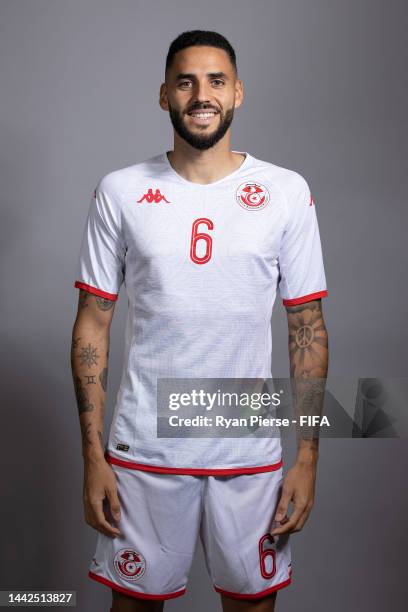 Dylan Bronn of Tunisia poses during the official FIFA World Cup Qatar 2022 portrait session on November 18, 2022 in Doha, Qatar.