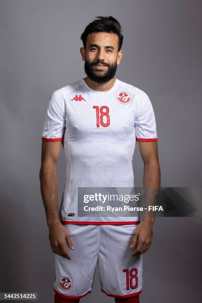 Ghaylen Chaaleli of Tunisia poses during the official FIFA World Cup Qatar 2022 portrait session on November 18, 2022 in Doha, Qatar.