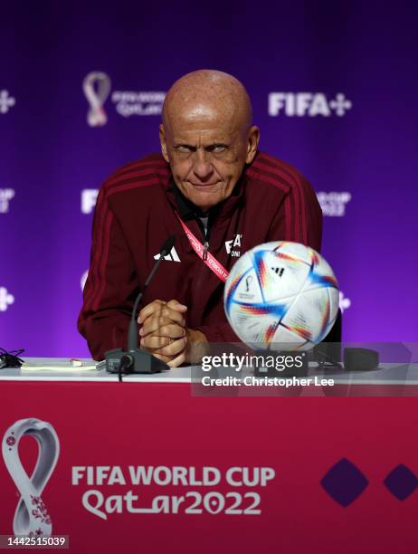 Chairman of the FIFA Referees Committee, Pierluigi Collina talks to the media during the Referees Media Day ahead of the official start of FIFA World...