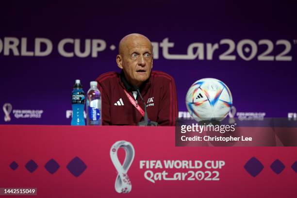 Chairman of the FIFA Referees Committee, Pierluigi Collina talks to the media during the Referees Media Day ahead of the official start of FIFA World...