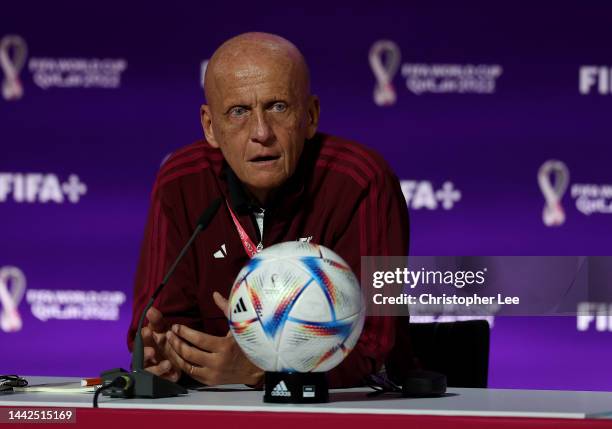 Chairman of the FIFA Referees Committee, Pierluigi Collina talks to the media during the Referees Media Day ahead of the official start of FIFA World...