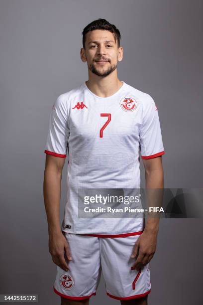 Youssef Msakni of Tunisia poses during the official FIFA World Cup Qatar 2022 portrait session on November 18, 2022 in Doha, Qatar.