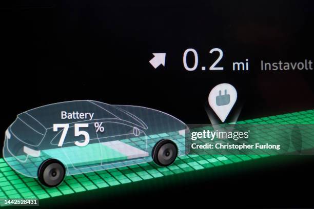 The dashboard of a Hyundai Ioniq battery electric vehicle details battery percentage and the distance to an electric charger on November 18, 2022 in...