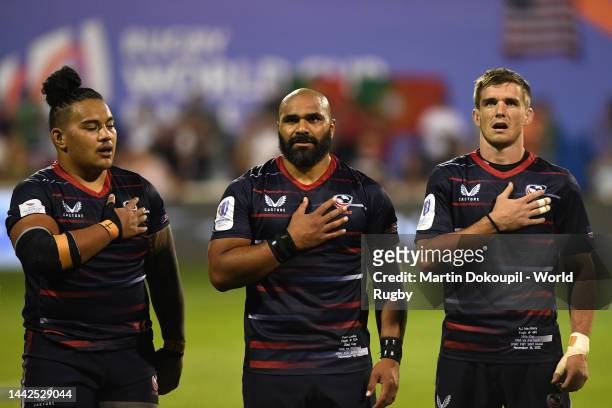 Players sing the national anthem ahead of the RWC 2023 Final Qualification Tournament match between USA and Portugal at The Sevens Stadium on...