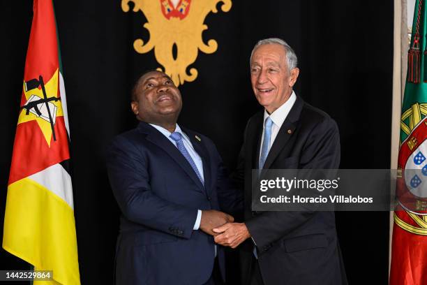 Mozambican President Filipe Nyusi is greeted by Portuguese President Marcelo Rebelo de Sousa at the start of his working visit to Portugal, in Belem...