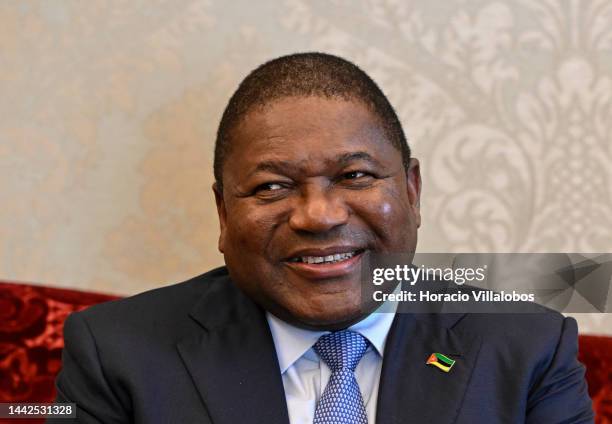 Mozambican President Filipe Nyusi smiles while meeting with Portuguese President Marcelo Rebelo de Sousa at the start of his working visit to...