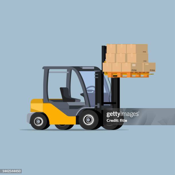 vector icon forklift with flatstyle boxes on a bright background - metal pallets stock illustrations