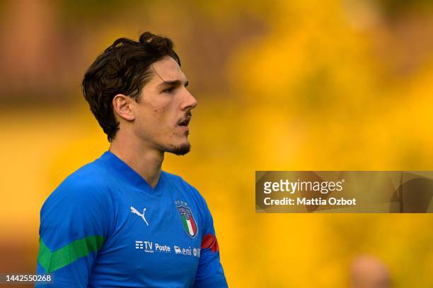 Nicolò Zaniolo of Italy looks on during the Italy training session at Centro Tecnico Federale di Coverciano on November 18, 2022 in Florence, Italy.