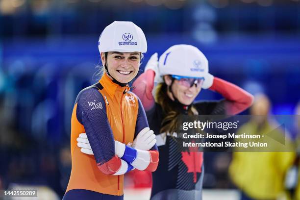 Irene Schouten of Netherlands and Ivanie Blondin of Canada look on ahead of the ISU World Cup Speed Skating at Thialf on November 18, 2022 in...