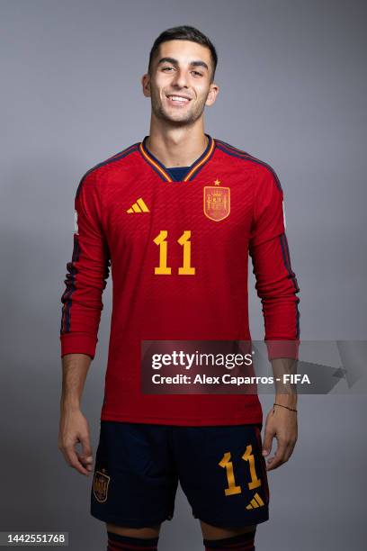 Ferran Torres of Spain poses during the official FIFA World Cup Qatar 2022 portrait session on November 18, 2022 in Doha, Qatar.