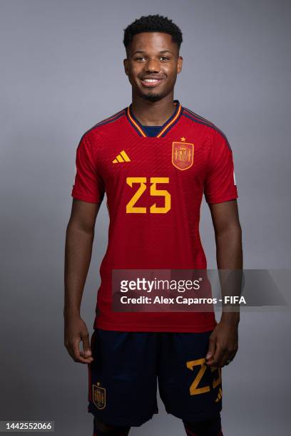 Ansu Fati of Spain poses during the official FIFA World Cup Qatar 2022 portrait session on November 18, 2022 in Doha, Qatar.