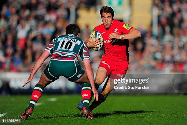 Tigers fly half George Ford faces up to Saracens wing Chris Wyles during the Aviva Premiership Semi Final between Leicester Tigers and Saracens at...