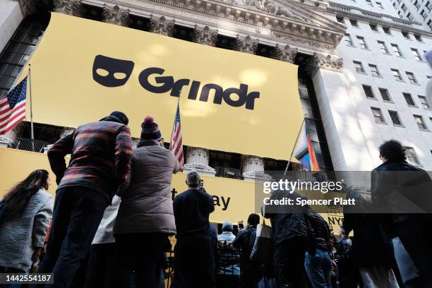 The LGBTQ social networking platform Grindr puts on a public show outside of the New York Stock Exchange as the company goes public following its...