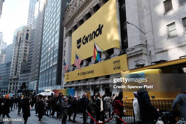 The LGBTQ social networking platform Grindr puts on a public show outside of the New York Stock Exchange as the company goes public following its...