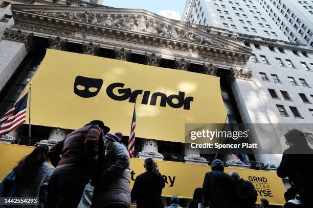 The LGBTQ social networking platform Grindr puts on a public show outside of the New York Stock Exchange as the company goes public following its...