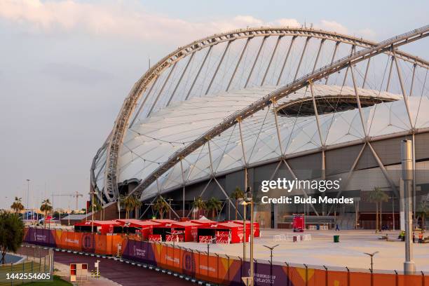 Budweiser stands are seen outside a stadium as Qatari Authorities confirmed today that no alcohol will be sold within the perimeter of the stadiums...