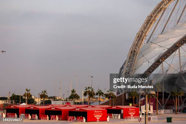 Budweiser stands are seen outside a stadium as Qatari Authorities confirmed today that no alcohol will be sold within the perimeter of the stadiums...