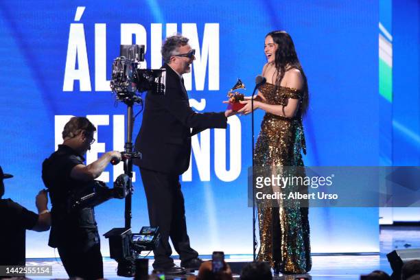 Spanish singer Rosalia accepts the award for Album of the Year on stage during the 23rd Annual Latin Grammy awards at the Mandalay Bay's Michelob...