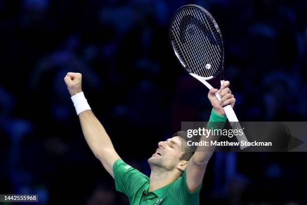 Novak Djokovic of Serbia celebrates his win over Daniil Medvedev of Russia during round robin play on Day Six of the Nitto ATP Finals at Pala...