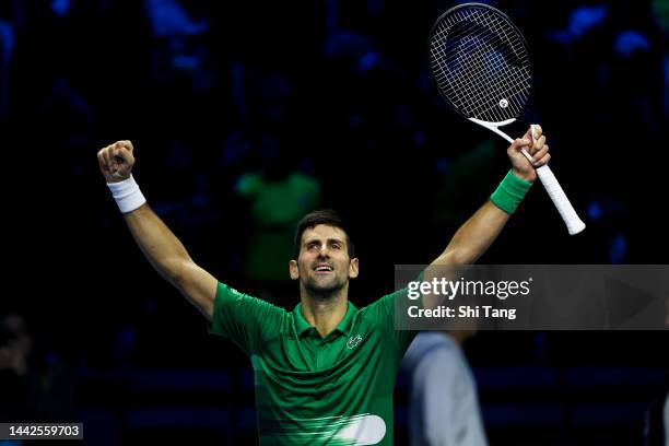 Novak Djokovic of Serbia celebrates the victory during his Round Robin Singles match against Daniil Medvedev during day six of the Nitto ATP Finals...