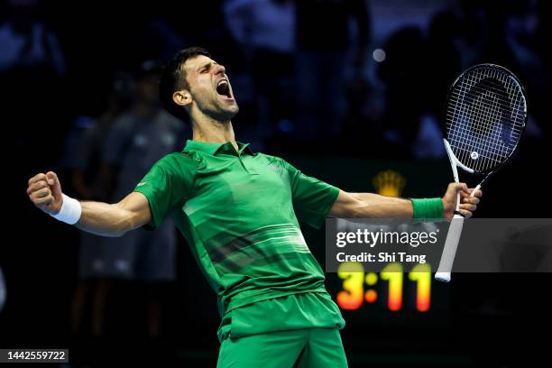 Novak Djokovic of Serbia celebrates the victory during his Round Robin Singles match against Daniil Medvedev during day six of the Nitto ATP Finals...