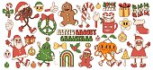 Big sticker pack of retro cartoon characters and elements. Merry Christmas and Happy New year in trendy groovy hippie style.