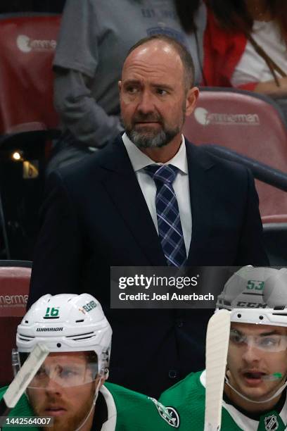 Head coach Peter DeBoer of the Dallas Stars looks on during first period action against the Florida Panthers at the FLA Live Arena on November 17,...