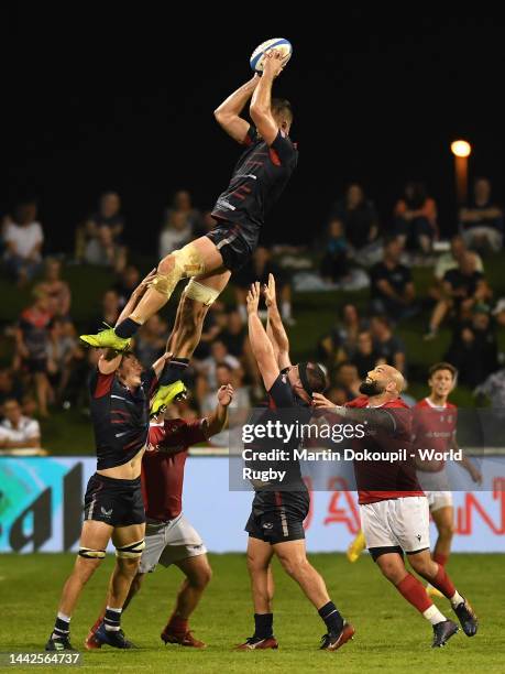 Cam Dolan of USA claims lineout ball during the RWC 2023 Final Qualification Tournament match between USA and Portugal at The Sevens Stadium on...