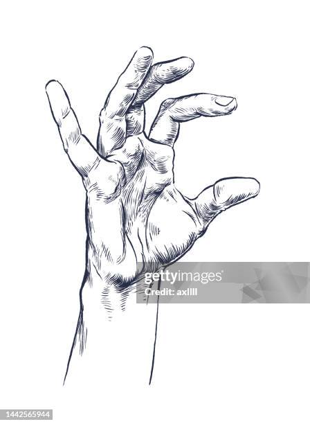 hand holds something on white woodcut - man open hand stock illustrations