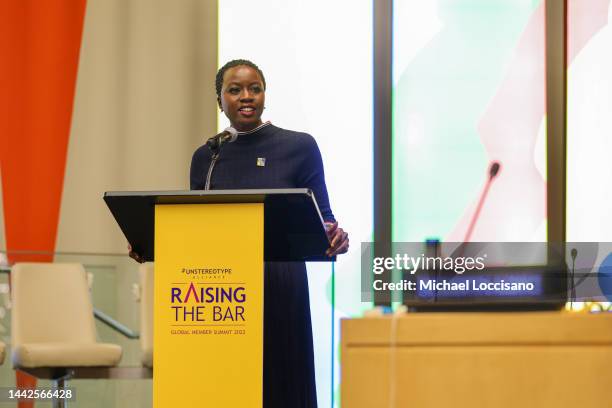 Danai Gurira, Playwright and Actress, UN Women Goodwill Ambassador speaks during the Unstereotype Alliance Global Member Summit 2022 at United...