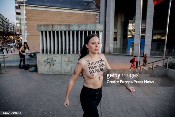 Femen activist protests bare-chested, against the fascist tributes organized by the Falange during this weekend, at the Moncloa square, on 18...