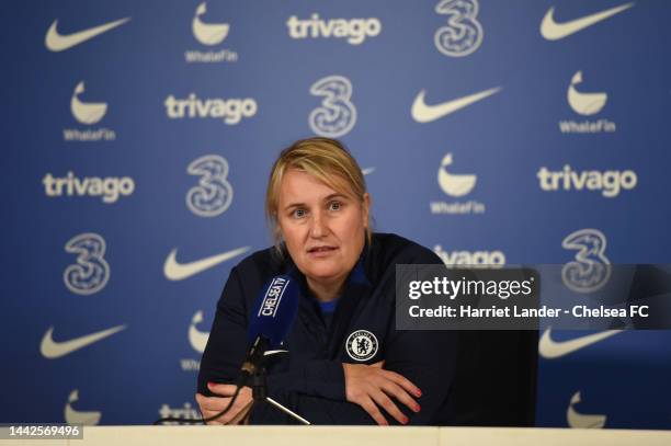 Emma Hayes, Manager of Chelsea speaks to media during a Press conference at Chelsea Training Ground on November 18, 2022 in Cobham, England.