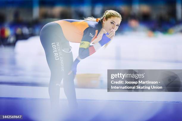 Jutta Leerdam of Netherlands reacts in the Women's 1000m during the ISU World Cup Speed Skating at Thialf on November 18, 2022 in Heerenveen,...