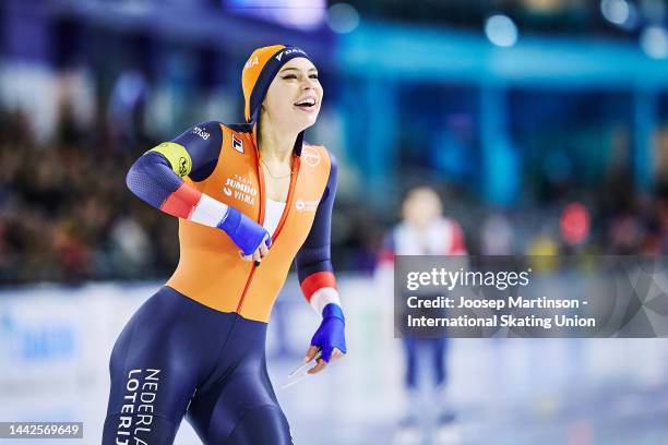 Jutta Leerdam of Netherlands reacts in the Women's 1000m during the ISU World Cup Speed Skating at Thialf on November 18, 2022 in Heerenveen,...