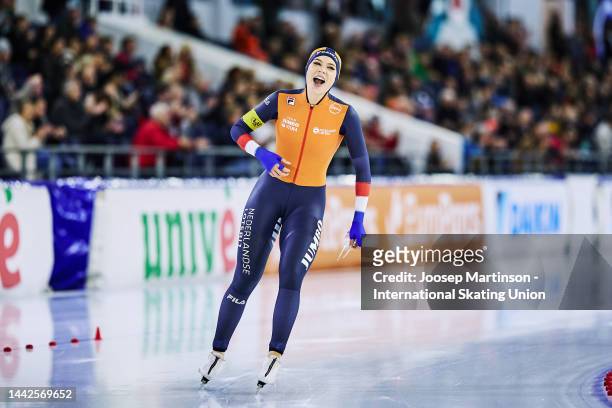 Jutta Leerdam of Netherlands reacts in the Women's 1000m during the ISU World Cup Speed Skating at Thialf on November 18, 2022 in Heerenveen,...