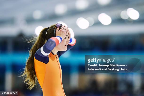 Isabel Grevelt of Netherlands reacts in the Women's 1000m during the ISU World Cup Speed Skating at Thialf on November 18, 2022 in Heerenveen,...