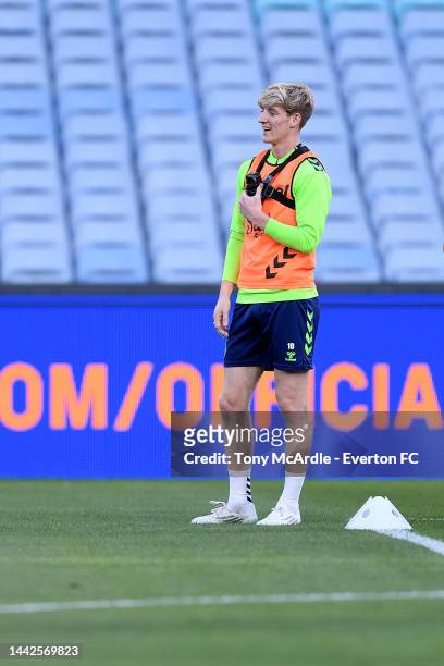 Anthony Gordon with a GoPro attache to his chest during the Everton training session at ACCOR Stadium on November 18, 2022 in Sydney, Australia.