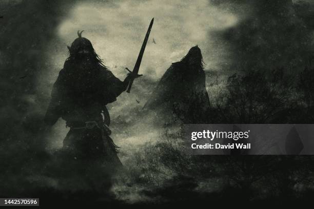 a fantasy concept of two historic warriors with swords raised. emerging out of the fog and smoke of war. with a grunge texture edit - ancient vikings stockfoto's en -beelden