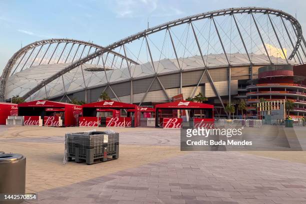 Budweiser stands are seen outside a stadium as Qatari Authorities confirmed today that no alcohol will be sold within the perimeter of the stadiums...
