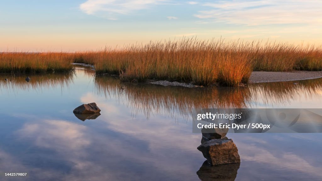 Sunset at Beach Marsh Tidal Pool,Southport,United States,USA
