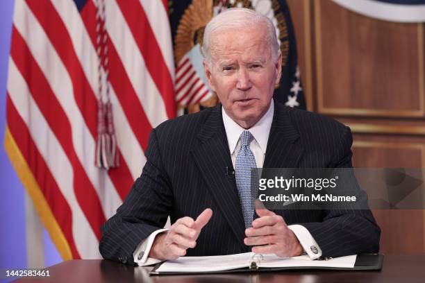 President Joe Biden speaks during an event with business and labor leaders at the White House complex November 18, 2022 in Washington, DC. During the...