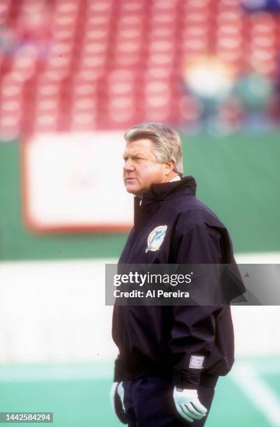 Head Coach Jimmy Johnson of the Miami Dolphins follows the action in the game between the Miami Dolphins vs the New York Jets at The Meadowlands on...