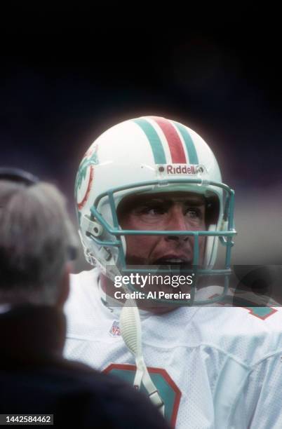 Quarterback Dan Marino of the Miami Dolphins follows the action in the game between the Miami Dolphins vs the New York Jets at The Meadowlands on...