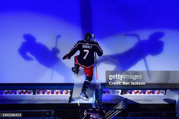 Sean Kuraly of the Columbus Blue Jackets takes the ice prior to a game against the Montreal Canadiens at Nationwide Arena on November 17, 2022 in...