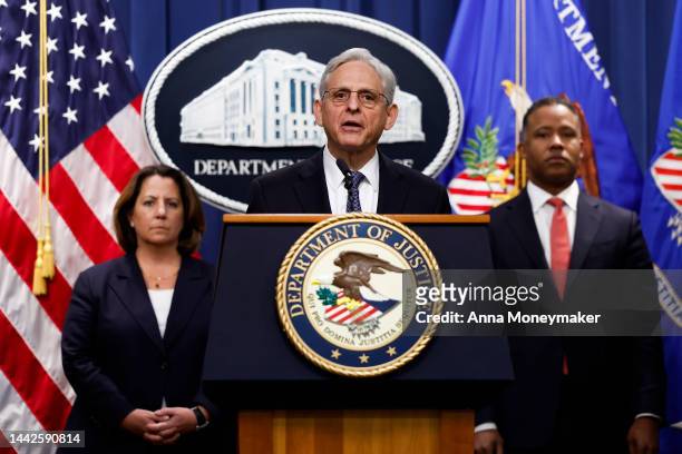 Attorney General Merrick Garland delivers remarks at the U.S. Justice Department Building on November 18, 2022 in Washington, DC. Garland announced...