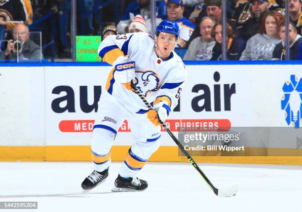 Jeff Skinner of the Buffalo Sabres skates against the Boston Bruins during an NHL game on November 12, 2022 at KeyBank Center in Buffalo, New York.