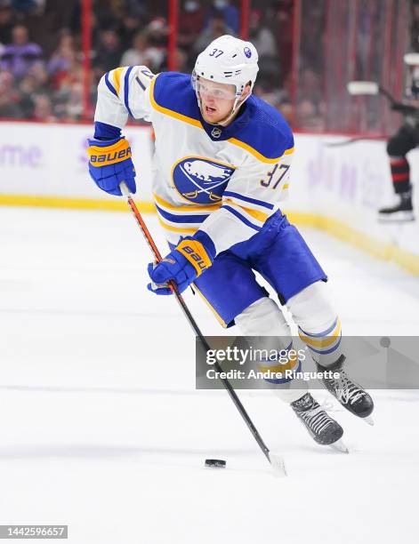 Casey Mittelstadt of the Buffalo Sabres skates against the Ottawa Senators at Canadian Tire Centre on November 16, 2022 in Ottawa, Ontario, Canada.